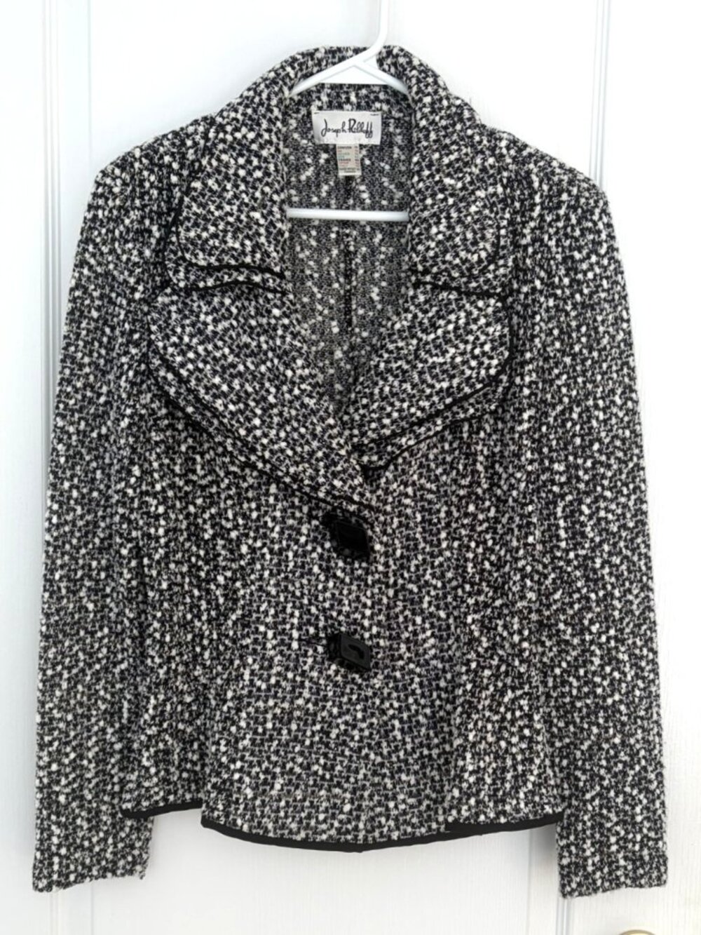 Joseph Ribkoff Black & White Tweed Ruffled Collar Jacket Size 14 Made in Canada